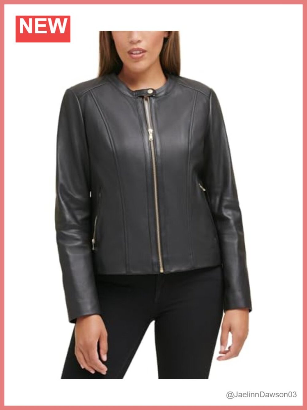 Cole Haan Zip Front Leather Coat Long Sleeve Peacoat Band Collar